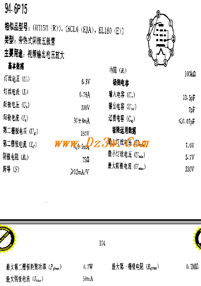 6P15電子管參數(shù)及引腳圖